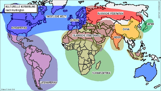 Karta potencijalno sukobljenih ili „sudarenih“ civilizacija prema Samuelu Huntingtonu